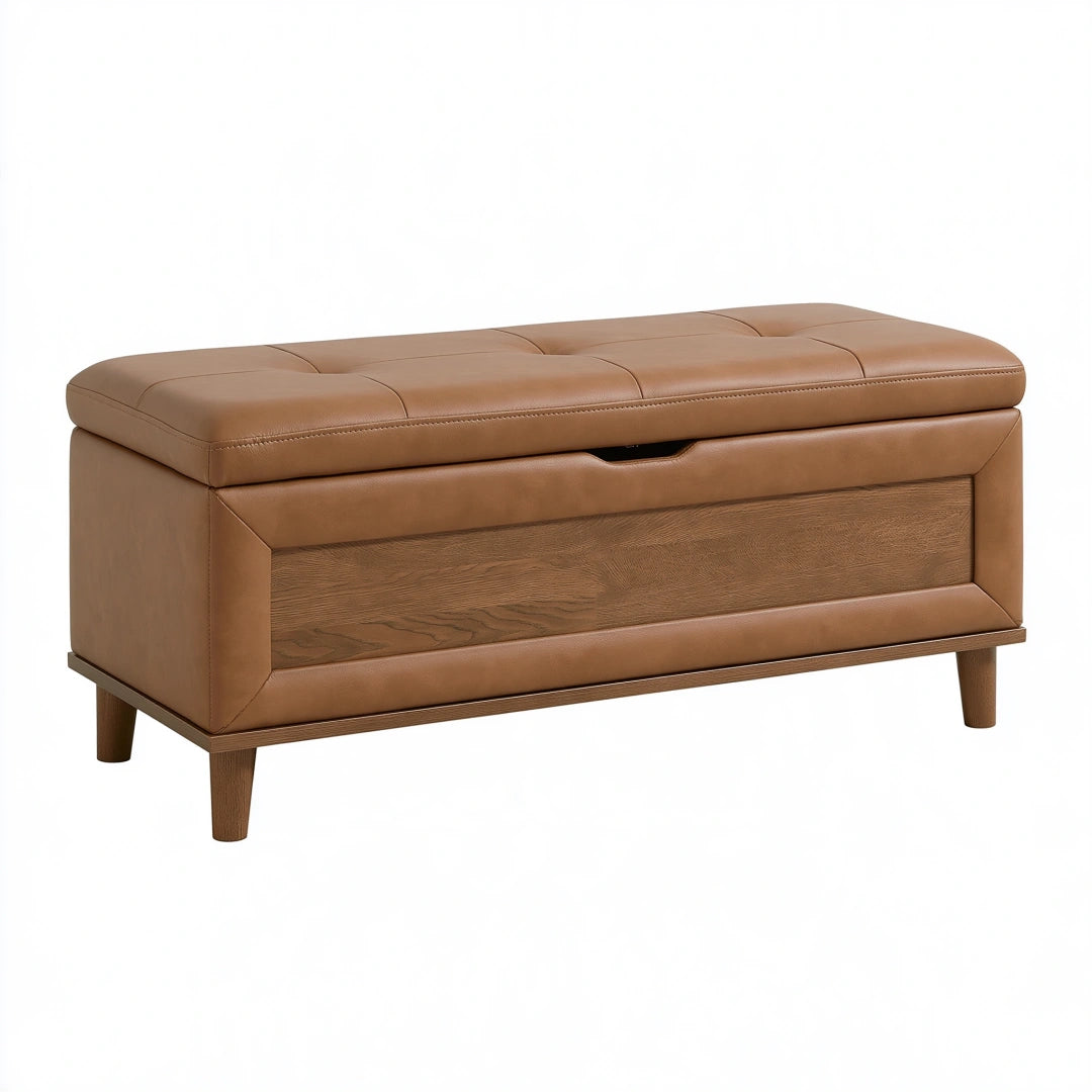 Sitzbank mit Stauraum 110 x 45 x 48 cm Braun Holz Lederoptik gepolstert
