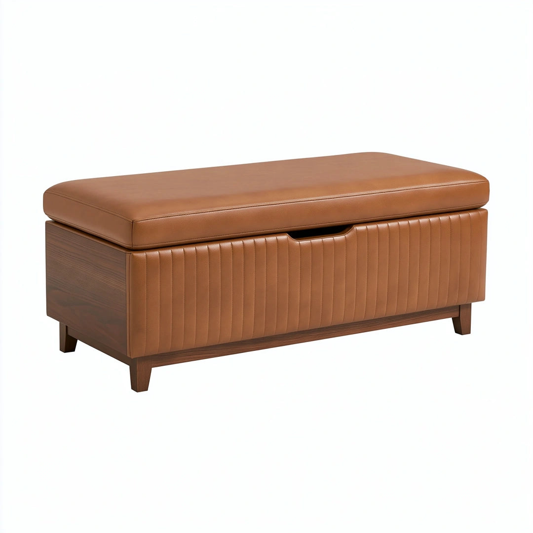 Sitzbank mit Stauraum 100 x 40 x 48 cm braunes Kunstleder Holz gerippte Polsterung