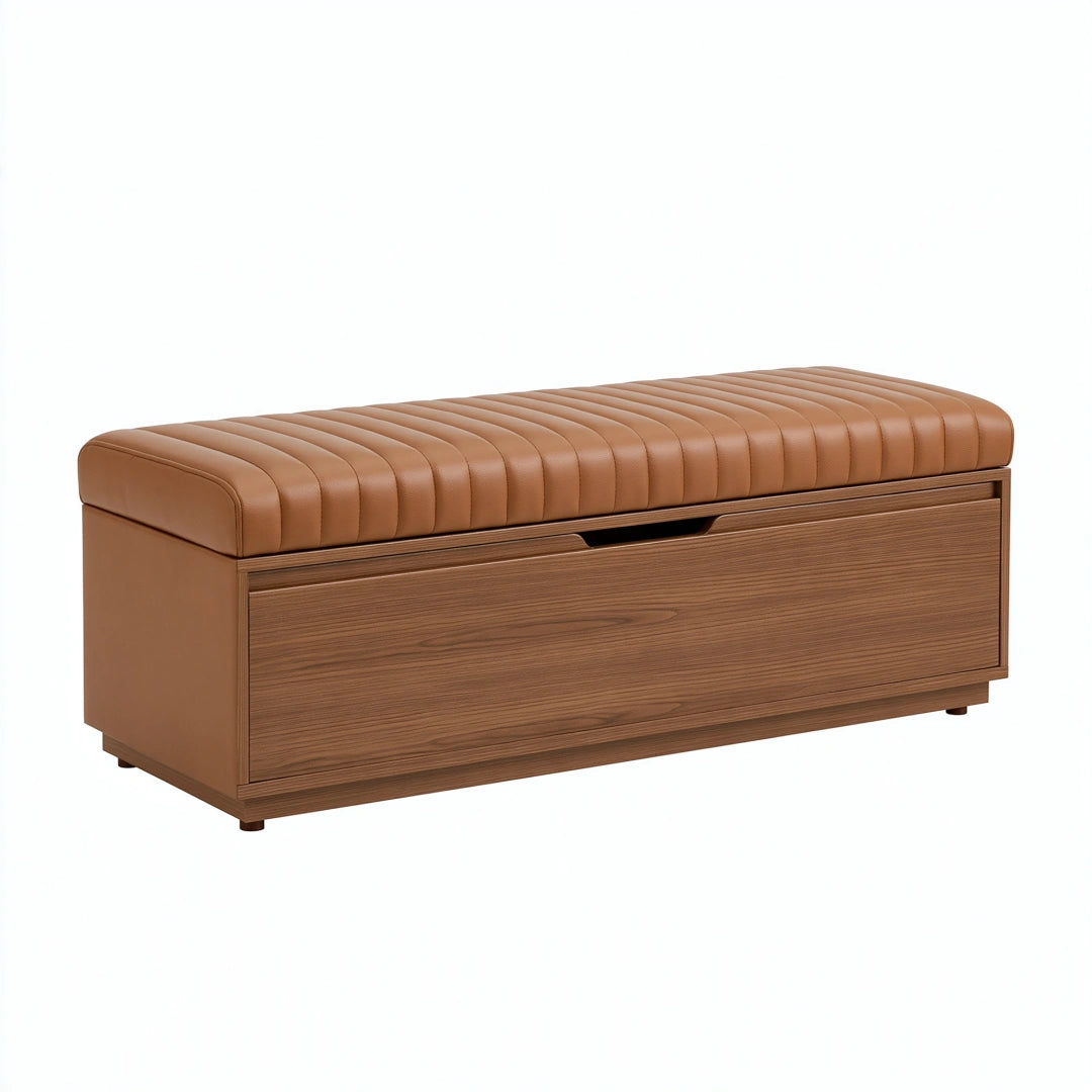 Sitzbank 120 x 45 x 50 cm braune Kunstlederpolsterung Holzoptik mit Stauraumschublade