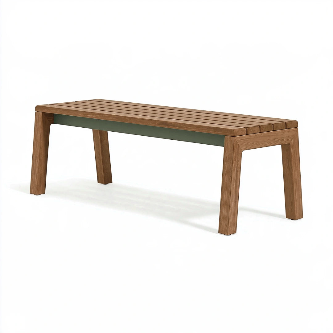 Gartenbank 160 x 40 x 45 cm Holz Braun mit grüner Metallstrebe modernes Lamellendesign