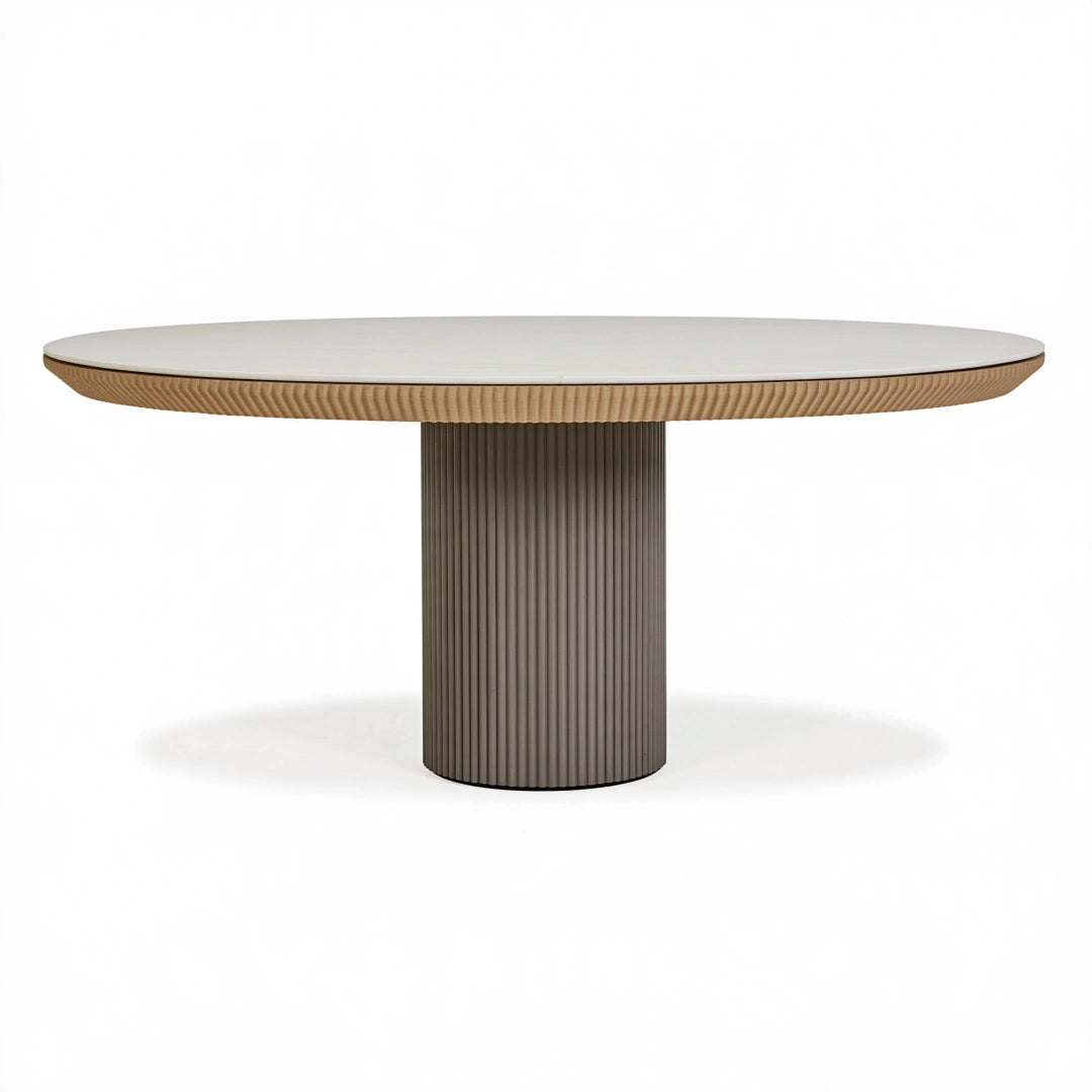 Ovaler Esstisch 200 x 100 x 75 cm mit weißer Steinoptik Tischplatte und geriffeltem Holzsockel - modern